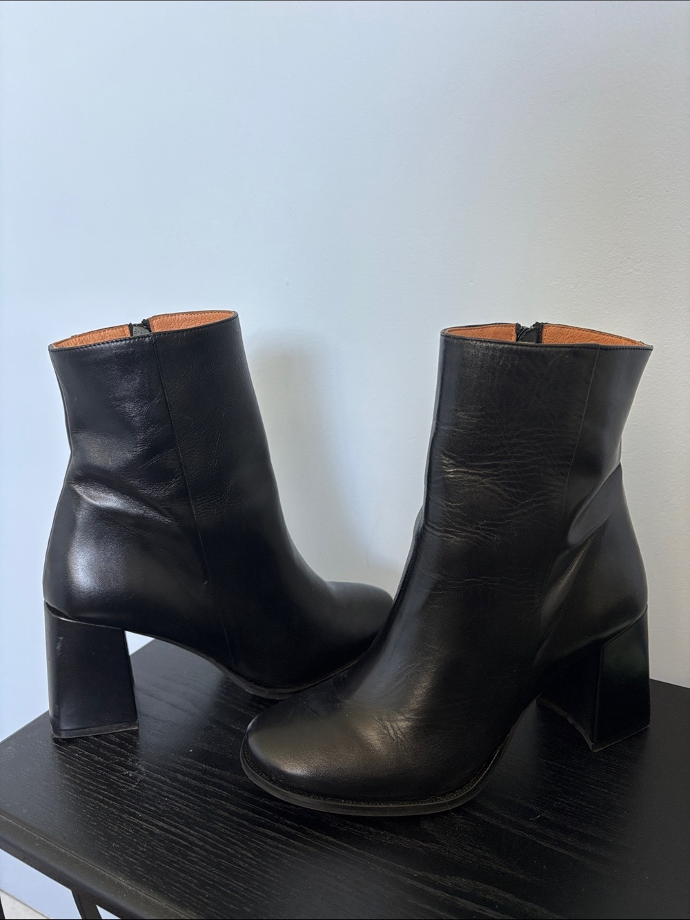Women’s Black Leather Mid-Heel Ankle Booties